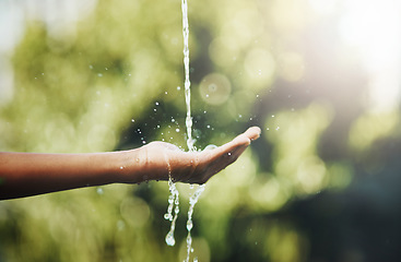 Image showing Hands, water splash and washing in nature outdoor for hygiene, health and wellness for hydration on mockup. Aqua, hand and person cleaning for care, bacteria and prevent germs, dirt or dust outside.