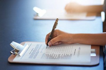 Image showing Clipboard, hands and writing on document with pen for survey on table mockup. Filling in paperwork, questions and woman with application form, checklist or test, examination and review for assessment