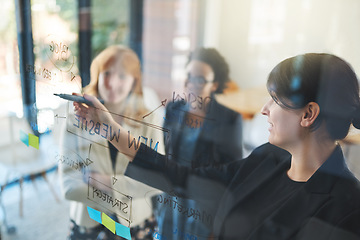 Image showing Woman, teamwork and brainstorming notes on glass for schedule, mindmap and planning goals, agenda or objectives. Manager, collaboration and writing ideas of innovation, business training and feedback