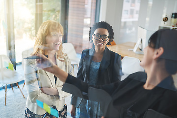 Image showing Happy women, teamwork and brainstorming notes on window for schedule, mindmap and planning goals, agenda or solution. Diversity, collaboration and ideas on glass of innovation, objectives and mission