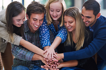 Image showing Happy, people and hands stack in support of success, goals and trust of mission, cooperation and synergy. Motivation, hand and group collaboration of teamwork, achievement and celebrate solidarity