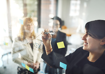 Image showing Woman, teamwork and writing schedule on glass, planning mind map and collaboration of business goals, target or project. Happy employees brainstorming ideas for innovation, timeline process and notes