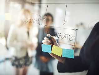 Image showing Business woman, hand and strategy writing in a meeting at office with moodboard. Working, brainstorming and corporate team with sticky notes and networking data for problem solving and project