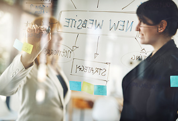 Image showing Business people, team and writing on glass for strategy of new website, planning mindmap and project goals. Brainstorming, collaboration and notes of ideas on window for workflow objectives