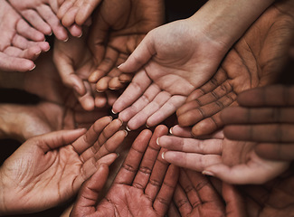 Image showing People, group and palm of hands together for support, charity and diversity of a crowd in solidarity. Closeup of women asking for help, donation or kindness of a community with hope and care