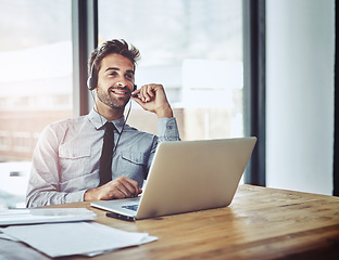 Image showing Happy businessman, laptop and call center for customer service, consulting or financial advice at office. Virtual assistant man person, consultant or agent talking on computer for online desk support