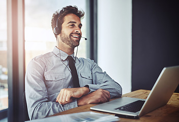 Image showing Man, call center and laptop for listening in office, help desk or talking for telemarketing job. Consultant, agent and crm with customer service, tech support or telecom with headphones, mic and job