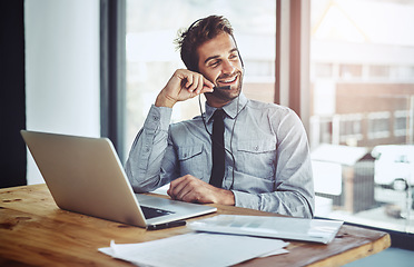 Image showing Happy businessman, laptop and call center headphones for customer service or financial advice at office. Friendly man person or consultant agent talking on headset in online consulting at workplace