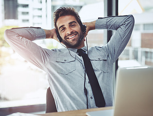 Image showing Happy businessman, relax and portrait in call center for customer service, support or telemarketing break at office. Friendly man person, consultant or agent smiling and relaxing with hands on head