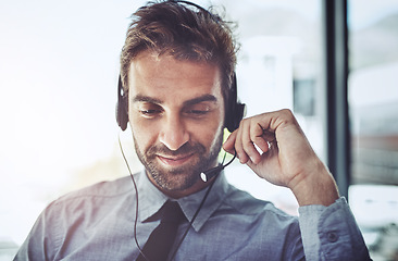 Image showing Man, call center and microphone to listen in office, help desk or talking for telemarketing job. Consultant, agent and crm with customer service, tech support or telecom with headphones, mic and job