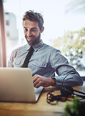 Image showing Business man, crm and laptop writing of a insurance agent in a office with happiness. Company work, male employee and worker working and planning on a computer with call center and job email at desk