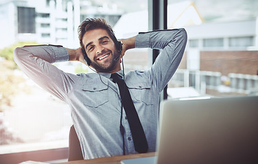 Image showing Businessman, relax and portrait smile in call center for customer service, support or telemarketing break at office. Happy man person, consultant or agent smiling and relaxing with hands on head