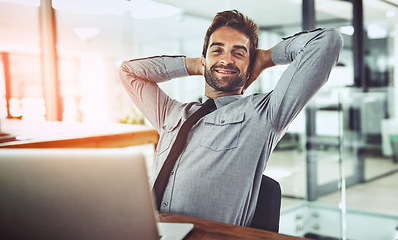 Image showing Businessman, relax and portrait smile on break for stretching, positive mindset or completion at office. Happy man person or employee relaxing and smiling with hands behind head for mental health