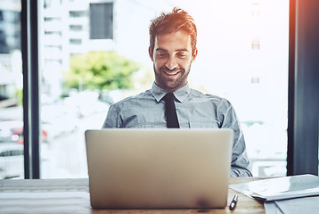 Image showing Business man, smile and laptop work of an auditor in a office with happiness. Company, male employee online and worker working and planning on a computer with internet and finance email at desk