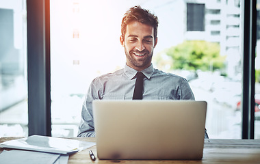 Image showing Business man, happiness and laptop writing of a insurance agent in a office online. Agency work, male employee and worker working and planning on a computer with internet and job email at desk