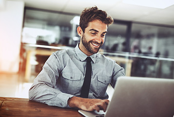 Image showing Happy businessman, laptop and typing email for communication, schedule or networking at office. Male person or employee working with smile on computer in project or social media browsing at workplace