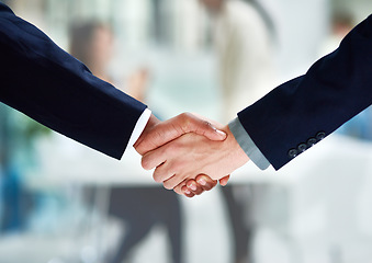 Image showing Handshake, welcome and business people with thank you for hiring, interview and recruitment success. Deal, shaking hands and b2b men in partnership, collaboration and onboarding negotiation