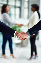 Image showing Handshake, thank you and business people with welcome sign for hiring, interview and recruitment success. Deal, shaking hands and b2b men in partnership, collaboration and onboarding negotiation