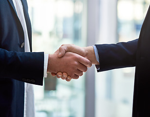 Image showing Welcome, handshake and business people with thank you for hiring, interview and recruitment success. Deal, shaking hands and b2b men in partnership, collaboration and onboarding cooperation