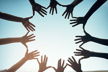 Image showing Group, circle and open hands for support and teamwork for trust in the community with sky background. Together, diversity and hand for motivation and solidarity for global collaboration and unity.