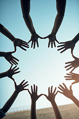 Image showing Group, circle and teamwork with open hands of people for support, community and help with bottom view. Collaboration, trust and motivation with closeup of friends for mockup, solidarity and faith