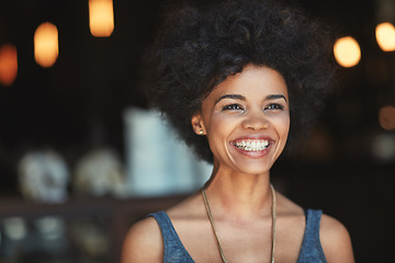 Image showing Coffee shop face, smile and cafe woman, small business owner or manager happiness for store success. Commerce, retail restaurant and excited African person, entrepreneur or boss happy for service