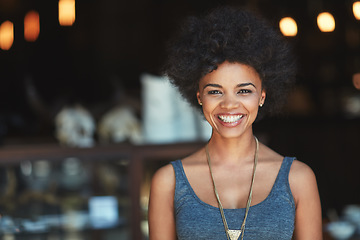 Image showing Coffee shop portrait, smile or cafe woman, small business owner or manager happiness for store success. Entrepreneur, retail restaurant or excited person, African waitress or worker happy for service