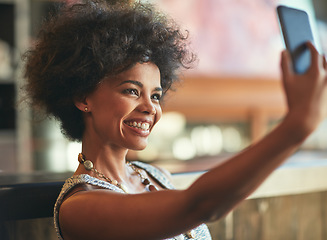 Image showing Coffee shop cafe, face selfie and happy woman post memory photo to social media, online or store advertising app. Customer, retail service and African person in startup, small business or restaurant