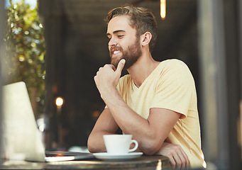 Image showing Cafe laptop, thinking and man reading online blog story, positive customer experience review or doing internet research. Coffee shop restaurant, freelance remote work and person working on project