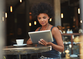 Image showing Coffee shop, tablet or woman typing, scroll or focus on freelance blog, online retail review or cafe internet. Restaurant, service or small business client, customer or African person on social media