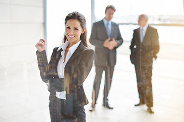 Image showing Business woman, portrait and team management, leadership or employee engagement mindset in city overlay or glass reflection. Happy corporate people of career planning, office building and meeting