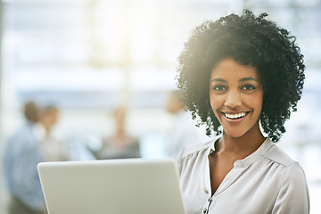 Image showing Black woman in business, laptop and happy in portrait, technology with connectivity and success in workplace. Professional female person holding pc, pride and email communication on office internet