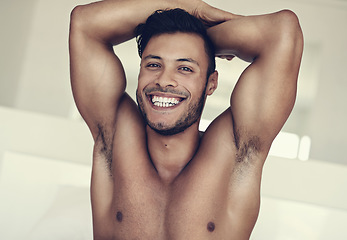 Image showing Smile, portrait of topless young man and in bedroom of his house. Self care or proud face, confident or positive mindset and shirtless male model with muscle health or wellness at home in Brazil