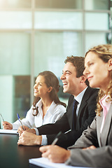 Image showing Professional, presentation and listening for project and learning at a conference at work. Business, audience and meeting with discussion about workplace and results to achieve target at agency.