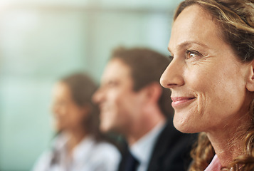 Image showing Woman, face and audience at a seminar to listen to growth about achievement a conference to learn. Team, together and listening to training at the office for planning a startup with the manager.