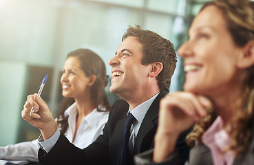 Image showing Presentation, group and professional laugh at a conference with a crowd in a corporate company. Business, meeting and funny audience learning at a lecture during training session at a workshop.