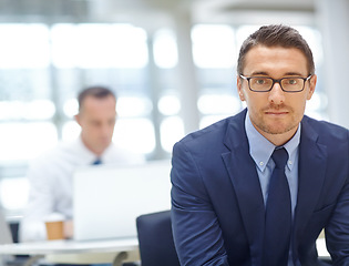 Image showing Manager, office portrait and business man, leader or CEO work in trading, stock market or investment firm. Economy, crypto mining and team manager, male trader and face of finance broker sitting