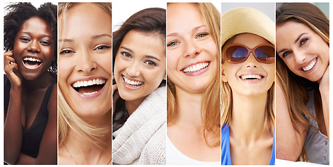 Image showing Woman, collage and face, diversity with smile for international and different race. Portrait, global female and banner with skincare for natural beauty are together with happiness around the world.