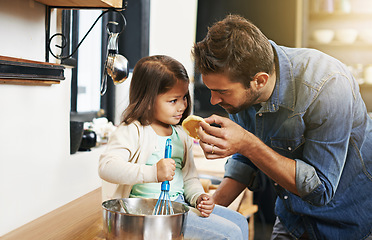 Image showing Cooking, learning and father with daughter in kitchen for pancakes, bonding and breakfast. Food, morning and helping with man and young girl in family home for baking, support and teaching nutrition