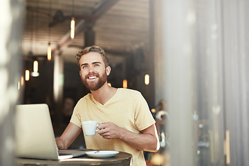 Image showing Coffee shop laptop, happy and man think of freelance blog inspiration, online retail review or cafe idea. Thinking, remote work and small business owner, customer or person smile for store plan