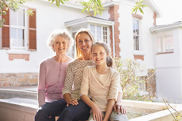 Image showing Child, outdoor portrait and happy family grandma, generations and bonding care for mom, kid and grandmother. Smile, support and Mothers Day smile for young girl, mama and elderly woman in home yard