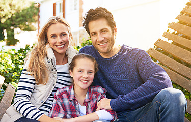 Image showing Garden hammock, relax portrait and happy family love, child and parents bonding, support and spending quality time together. Backyard, smile and Italy mother, father and kid enjoy spring sunshine