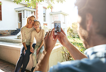 Image showing Family photography, house and camera phone photo of kid, mother or people with father taking cellphone picture. Love bond, outdoor and happy mom, dad and child care, smile and post to social network