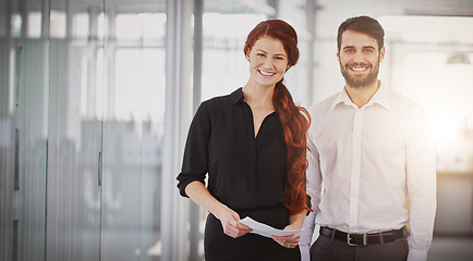 Image showing Business people, portrait smile and paperwork for meeting, planning or corporate finance at the office. Happy businessman and woman smiling with documents for team leadership or financial management