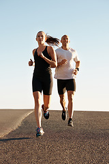 Image showing Morning, marathon and coach training woman as workout, run or morning exercise for health and wellness together. Sport, fitness and man runner running with athlete in a city for sports or energy