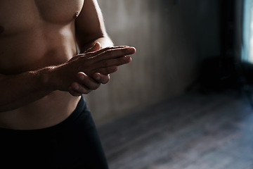 Image showing Training, gym motivation hands of man ready for mockup performance challenge, athlete commitment or bodybuilding. Fitness mock up, health mindset and determined person prepare for exercise workout