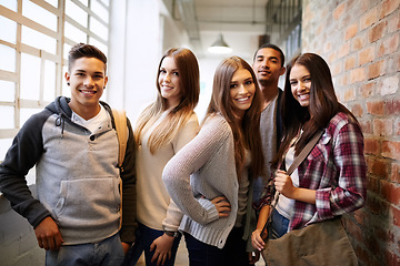 Image showing University, education and portrait of people on campus ready to study, class and learning together. Scholarship, diversity and happy men and women students smile for school, academy and college