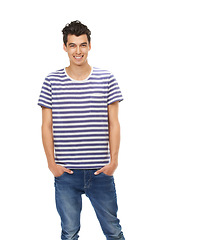 Image showing Portrait, smile and young man pose with hands on jeans or in fashion tshirt or relax and isolated on white background. Happy, male person and confident model laugh in studio or cool and on mock up