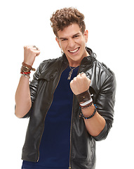 Image showing Young man, portrait and fist celebration in portrait for fashion, punk aesthetic and happy by white background. Isolated guy, model and excited with retro leather clothes, goal or winning by backdrop