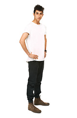 Image showing Fashion, confidence and portrait of man in studio with attitude, confident and pride on white background. Mockup, model and face of isolated young male person in trendy casual clothes in Lebanon